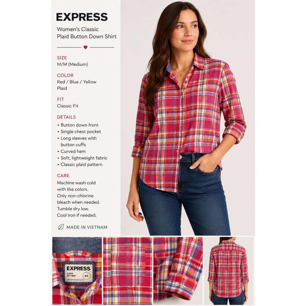 182-Express Classic Soft Wash Plaid Button Down Shirt Women’s Medium Pink